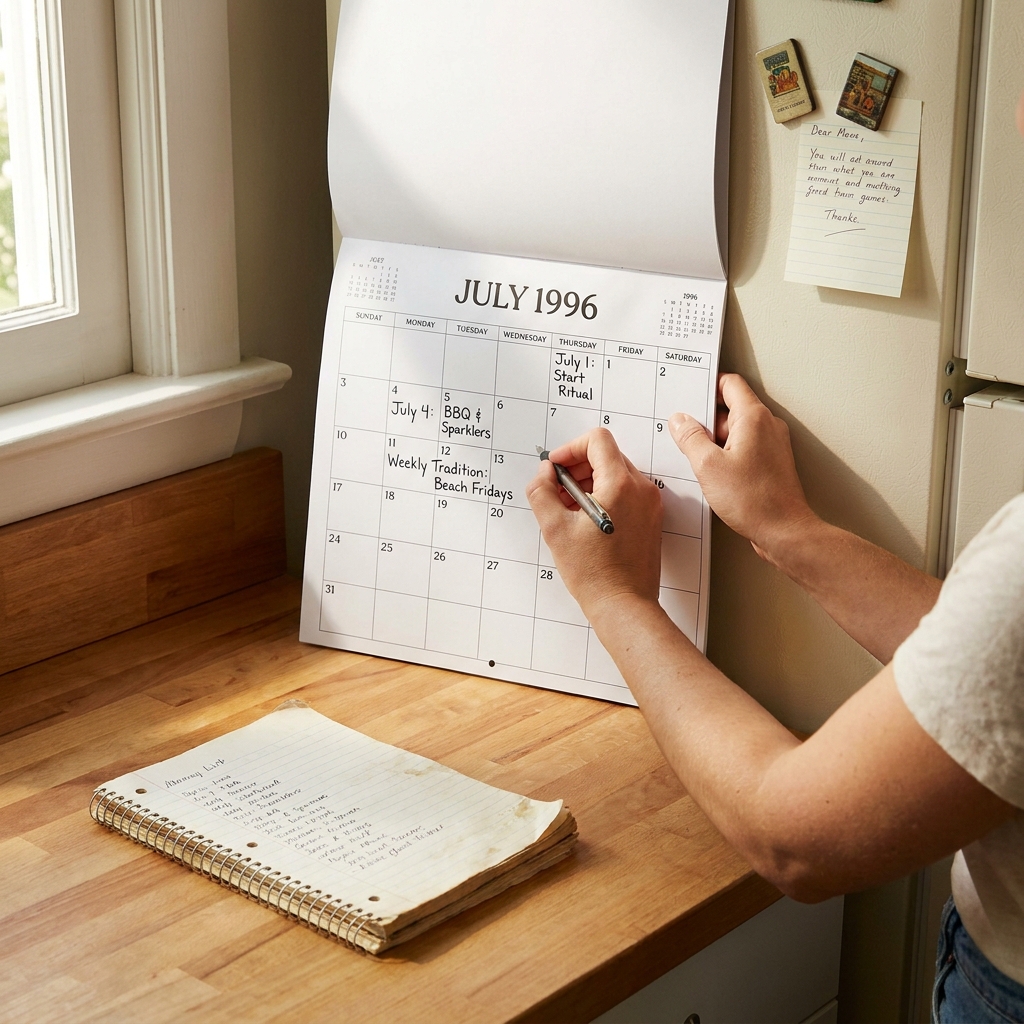 Nostalgic July 1 ‘new month’ ritual: start a 1990s-style July calendar on paper for the holiday weekend