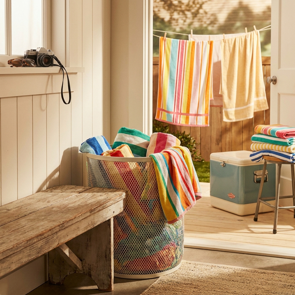Nostalgic summer cleaning: the 90s ‘swim towel + sandy bag’ system that keeps laundry under control