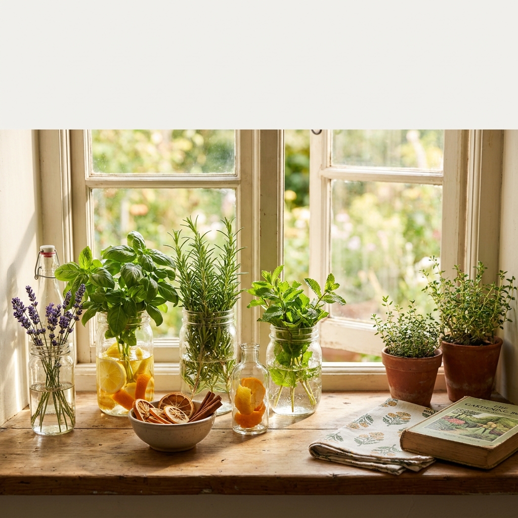 Nostalgic summer garden and porch scents: simple ‘herb-in-a-jar’ and window-sill refresh