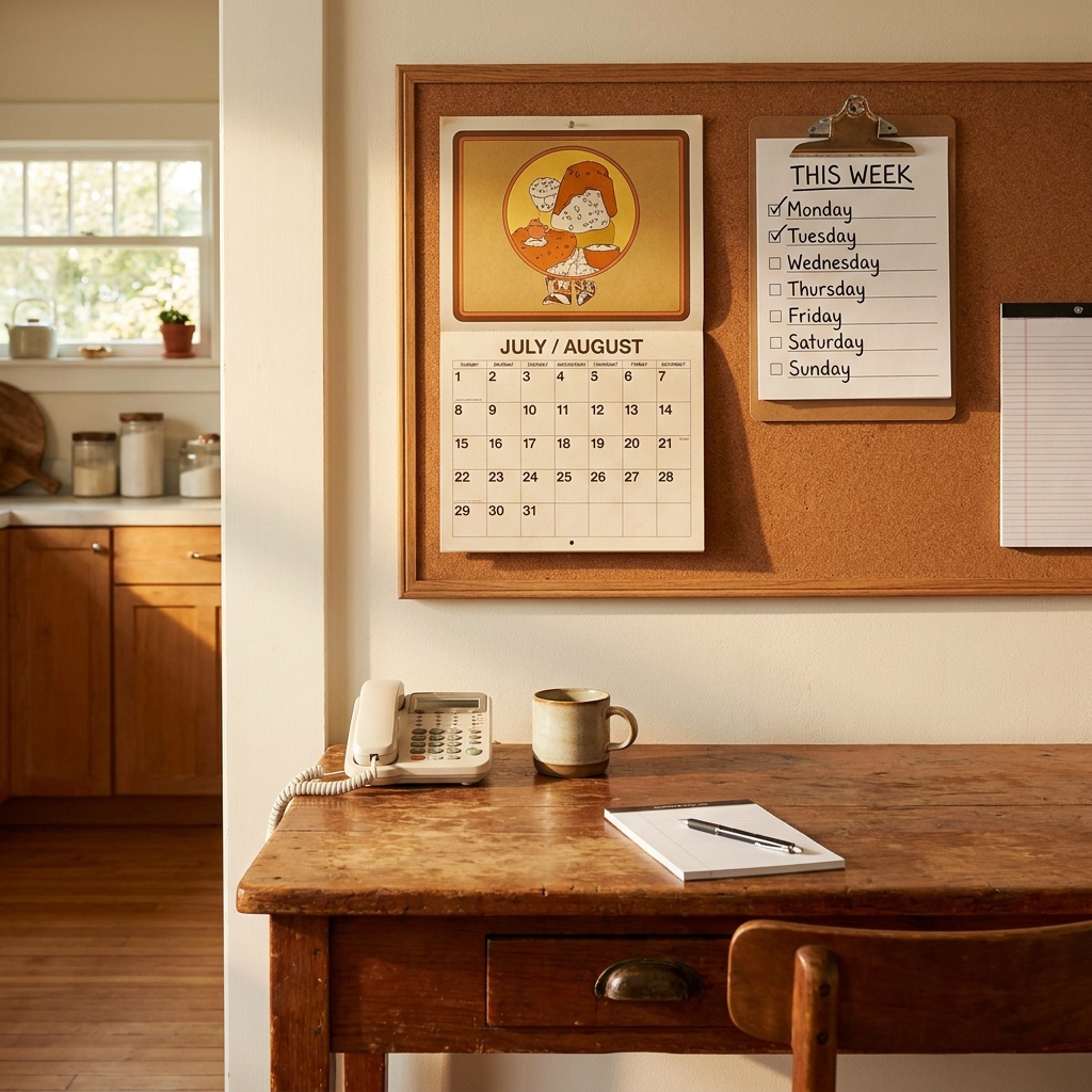 Nostalgic late-July ‘summer calendar’ wall: a simple command center with paper (not an app)